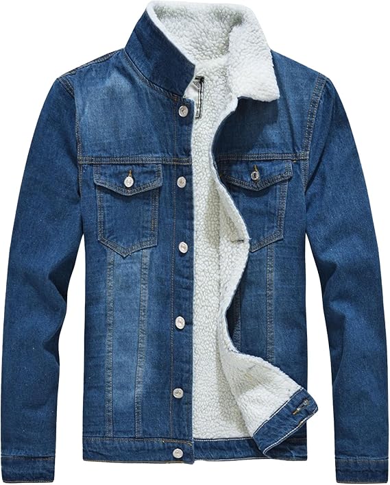 Men's Solid Lamb Wool Denim Jacket Winter Sherpa Fleece Lined Jean Jackets Lapel Thicken Cowboy Trucker Coat (Blue,Large)