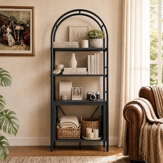 72" Arched Tall Bookshelf, 5-Tier Bookcase with Storage, Black