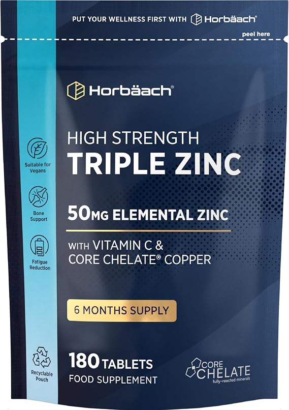 Zinc Tablets 50mg 3-in-1 Complex | Picolinate, Citrate & Gluconate with Vitamin C & Copper | High Strength Elemental Zinc & High Absorption | 6 Month Supply | 180 Vegan Tablets | by Horbaach