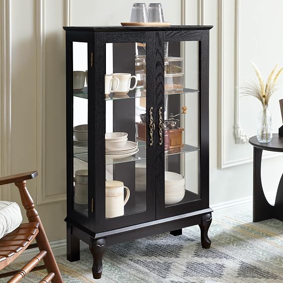 Small Glass Display Cabinets,Glass Curio Cabinet Display Case with Lights,China Cabinets with Doors(Black)
