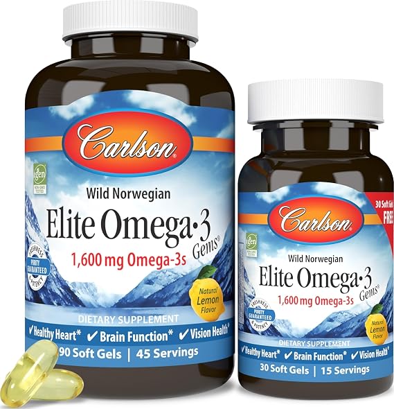 Carlson - Elite Omega-3 Gems,1600 mg Omega-3 Fatty Acids Including EPA and DHA,Norwegian, Wild-Caught fish oil Supplement,Sustainably Sourced Capsules, Lemon, 90+30 Softgels