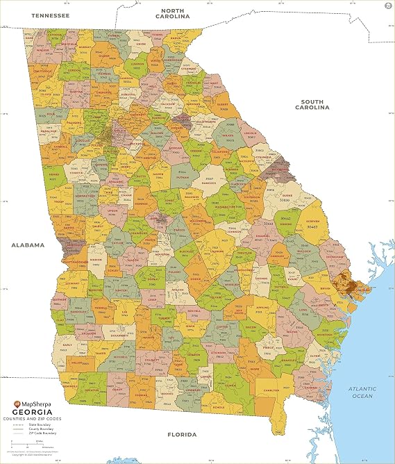 Georgia ZIP Code Map with Counties - Standard - 36" x 42.25" Laminated