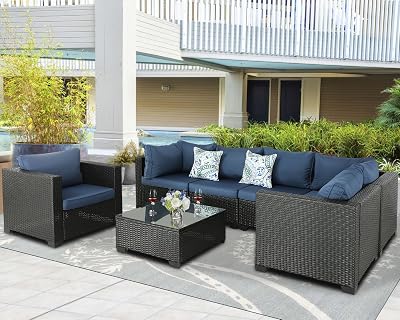 Outdoor Furniture Patio Furniture Sets Conversation Sets Balcony Furniture Outdoor Sectional for Outdoor Indoor Backyard Lawn Garden Porch Poolside Dark Blue, 7 Pieces Set