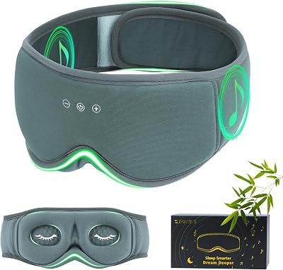 Bamboo Cotton Large Sleep Mask with Bluetooth Wireless Headphones - Blackout Eye Mask for Sleeping 3D Contoured Sleep Headband Ear Muffs Lengthen & Low Noise Hook for Better Experience Grey