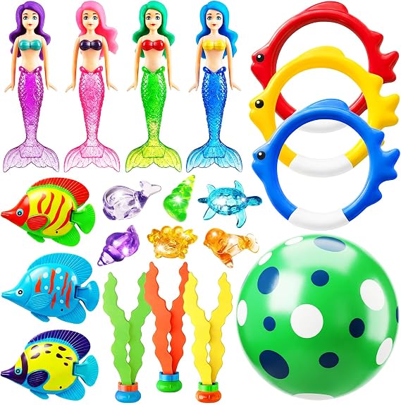 Jasonwell Pool Diving Toys Games - 20PCS Swimming Mermaid Pool Toys with Dive Rings Gems Beach Ball Underwater Treasures Seaweeds Fish Swim Toy etc Bath Water Toy Training Gifts for Kids Adult