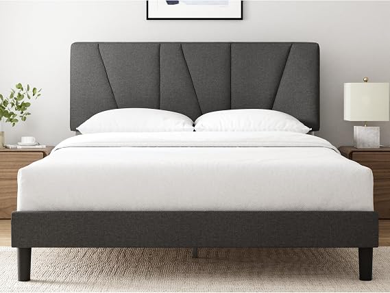 Zinus Maya Upholstered Bed Frame with Asymmetric Headboard, Dark Grey, Full