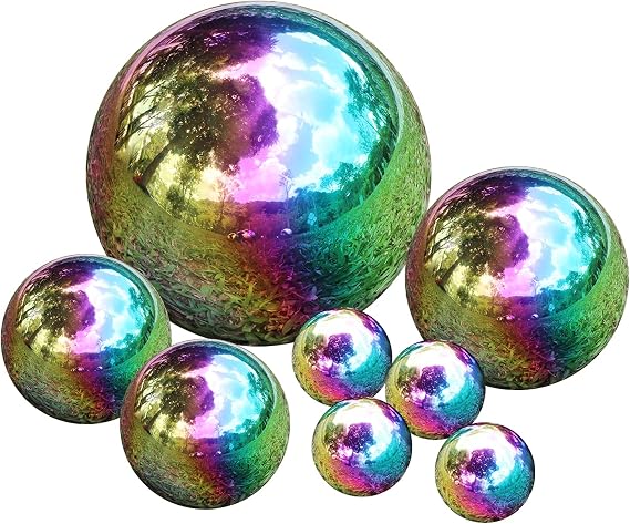 Kunjocy Pack of 8 Stainless Steel Gazing Balls Assorted 50-150mm Small Garden Gazing Globes Hollow Mirror Polished Seamless Reflective Sphere Balls for Home Yard Lawn Outdoor Decorations (Rainbow)