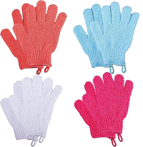 kuou 8 PCS Exfoliating Gloves, Bamboo Body Scrub Mitts for Bath, 4 Colours