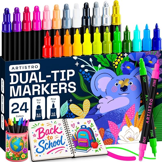 ARTISTRO Mixed Colors Dual-Tip Acrylic Paint Marker Pens - Set of 24 | For Fabric, Rock, Glass, Wood, Coloring Books, Arts & Crafts Gift, Classroom Must Haves & School Supplies (Dot & Fine Tips)