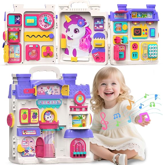 ELFJOY Montessori Toy for 1 Year Old Girl Gift, Montessori Busy Board for 1-2 Year Old, 56+ Bilingual Early Educational Learning Toddler Baby Girl Toys, First Birthday Gift for Little Girls
