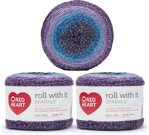 Red Heart Roll with It Sparkle Amethyst Yarn - 3 Pack of 150g/5.3oz - Acrylic Blend - 4 Medium (Worsted) - 561 Yards - Knitting/Crochet