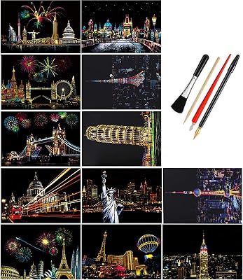 EGOSKY Scratch Art Postcards, 12 Sheets Rainbow Scratchboard Card Paper, DIY Scratch Off Painting Craft with 4 Scratch Tools for Adults and KidsBuilding Series
