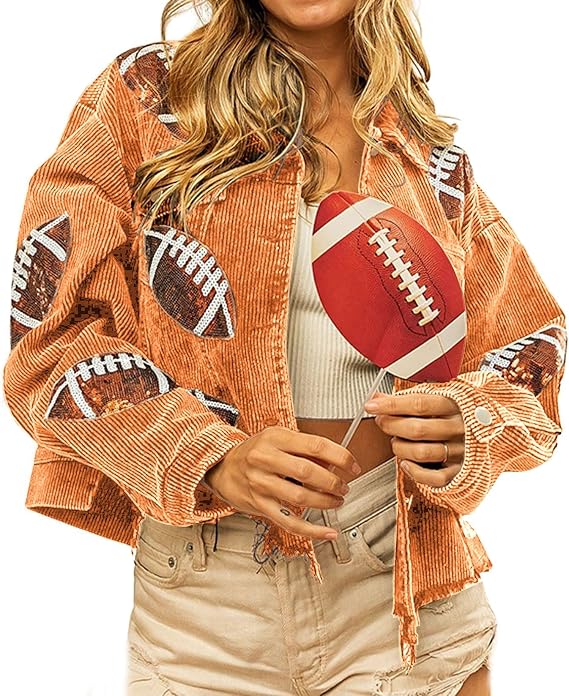 utcoco Women's Vintage Cropped Corduroy Jacket Frayed Hem Rugby Sequin Shacket Jacket