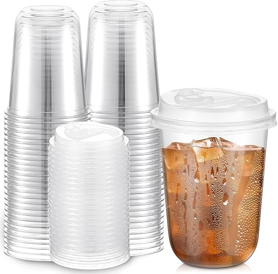 Baderke 50 Sets 16 oz Clear Plastic Cups with Lids,Sturdy Iced Coffee Cups with lids, Disposable Plastic Smoothie Cup for Cold Drinks