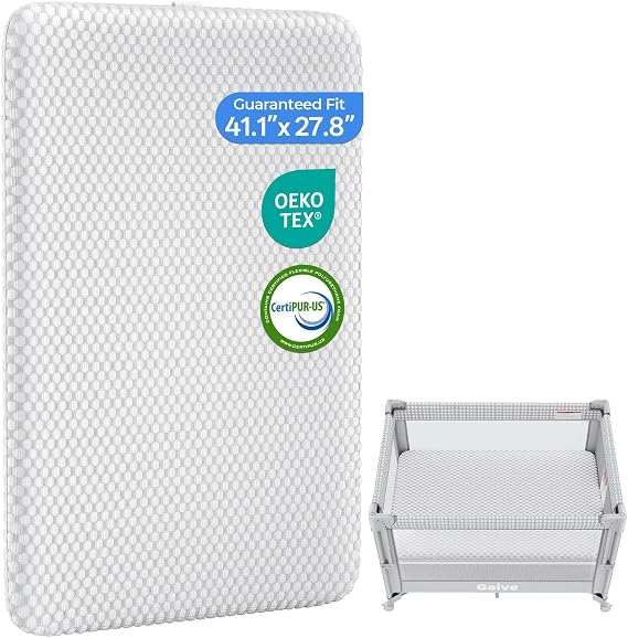 GAIVE 1.5in Mattress Fit Pack and Play & Baby Bassinet, Gel Memory Foam with Waterproof & Breathable Ice Silk Cover, 41.1"x27.8" (Grey)