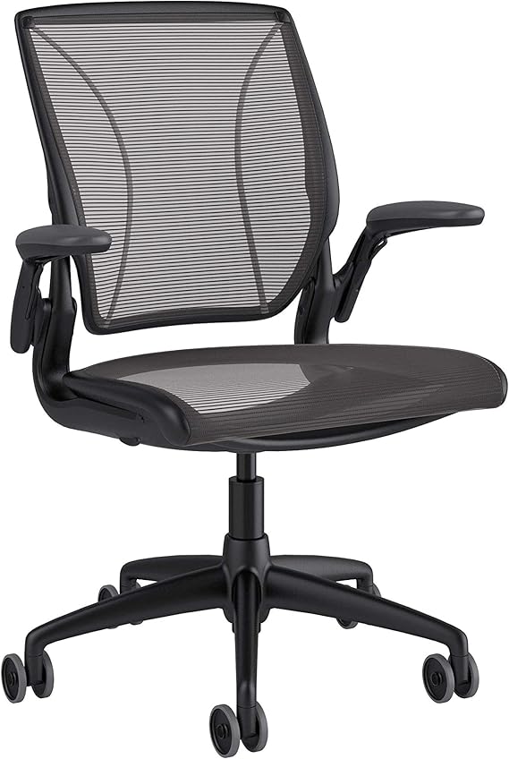 Humanscale Diffrient World Task Chair | Black Pinstrip Mesh Seat and Back | Black Frame, Black Trim | Height-Adjustable Duron Arms | Standard Foam Seat, 3" Carpet Casters, 5" Cylinder