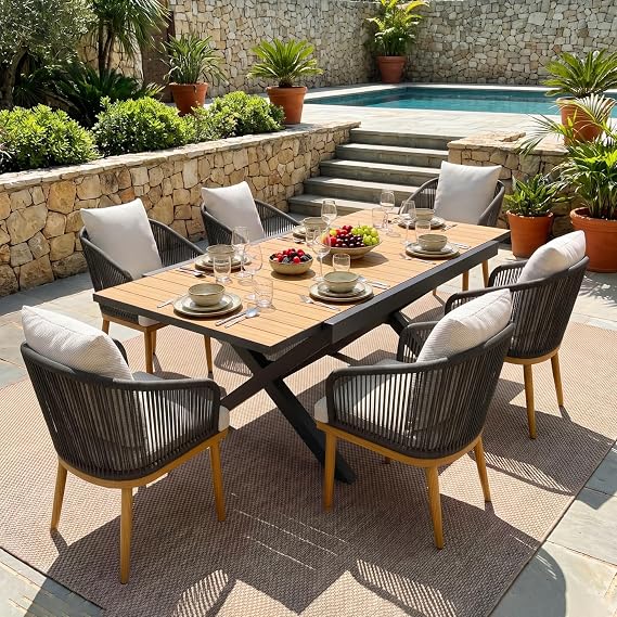 LayinSun Outdoor Patio Dining Set for 7, 60" - 82" Expandable Outdoor Dining Table and 6 Chairs