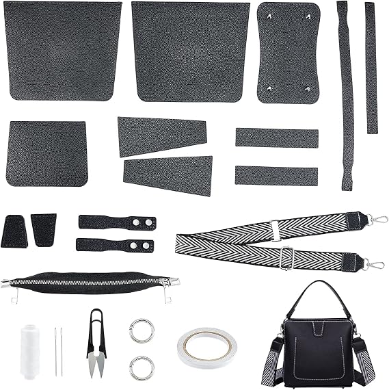 WADORN 23pcs DIY PU Leather Craft Bag Making Tool Kit, Knitting Crochet Bag Sewing Material Handmade Bucket Bag Purse Making Shoulder Bags All Accessories, 7.87.4 Inch(Black)