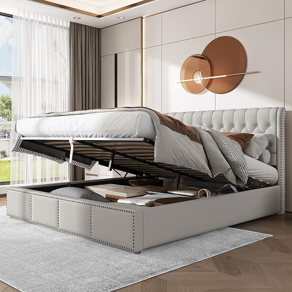 BTM Upholstered Bed, Super King Size Bed-6FT(180 * 200cm), Super King Bed Frame with Storage, Ottoman Bed King Size with Hydraulic Lever & Rivet Decoration, No Mattress, Linen, Light Grey