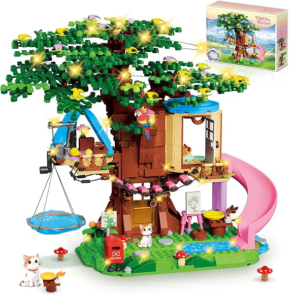 Treehouse Building Set Compatible with Friends, 731PCS Girls Forest Tree House Building Kit Toys with LED Light, Cat, Slide and Sky Hammock, Christmas Birthday Gifts for Kids Girls 6-12 Years Old