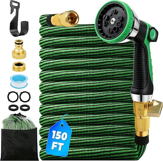 150Ft (45M) Expandable Garden Hose, 10 Function Sprayer Nozz, Flexible Garden Hose with 3/4 &1/2 Inch Solid Metal Fittings, Leakproof Lightweight Expanding Pipe for Yard,Outdoor (Green)