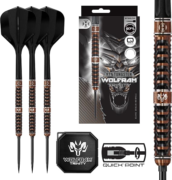 Harrows Wolfram Trinity 97% Tungsten Steel Tip Darts Set, CNC-Milled Premium Barrels with Bronze TiN & Black Electroplate Coating, Solo Integrated Shaft & Flight System