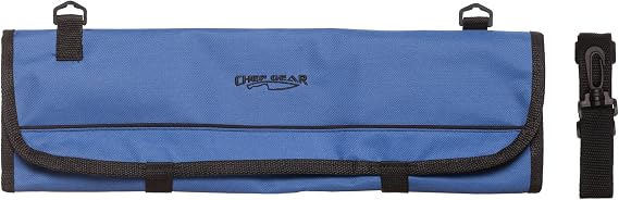 Ergo Chef 8 Pocket Roll Bag for Chef Knives, 1 Large Mesh Pocket for Kitchen Utensils, Durable Nylon-Polyester Blend, with Shoulder Strap (Blue)