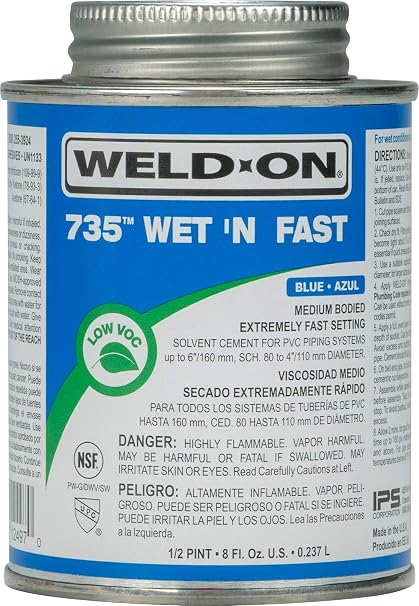 Weld-On 12497 735 Wet 'N Fast High Strength PVC Cement, Blue, 1/2 Pint