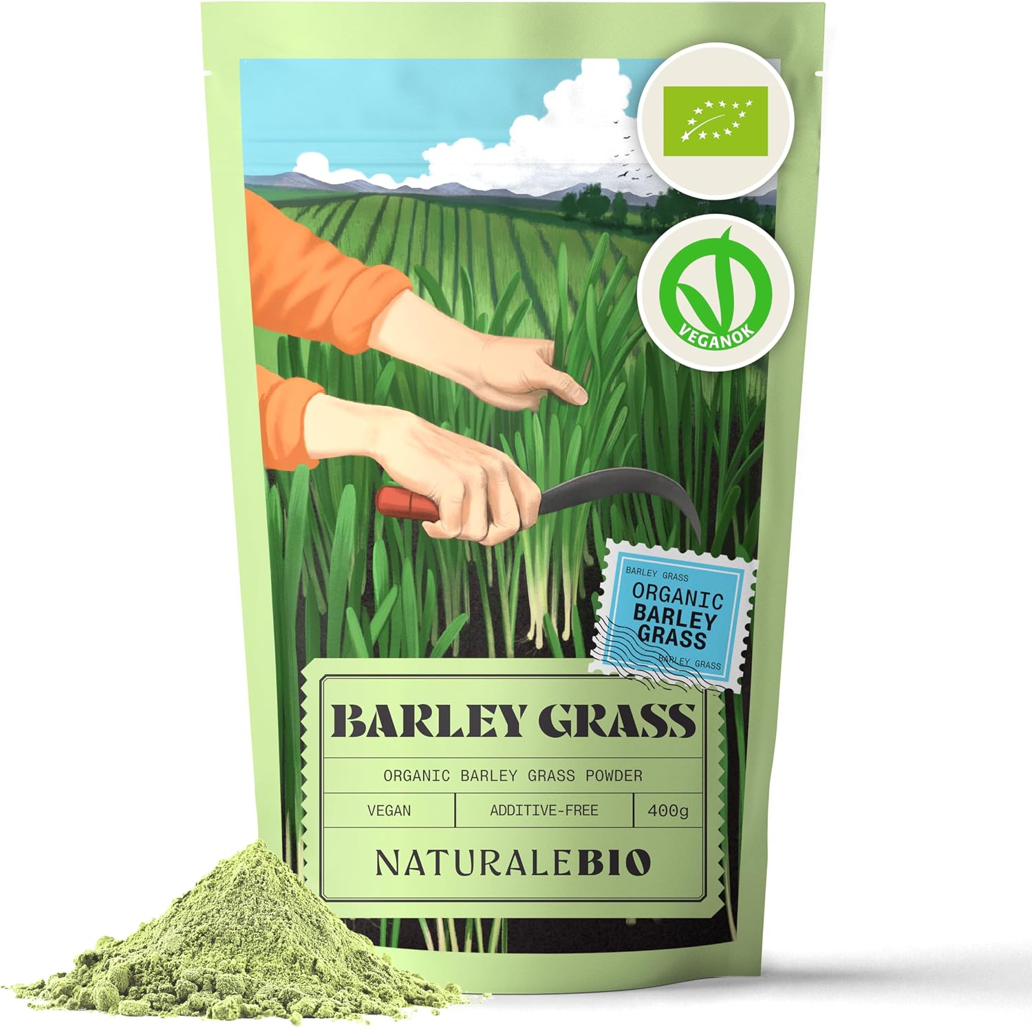 NaturaleBio Raw Organic Barley Grass Powder, 400g. Bio, Natural and Pure, Grown in Europe. Ideal for Green juices, Smoothies and Recipes. Suitable for Vegetarians and Vegans.