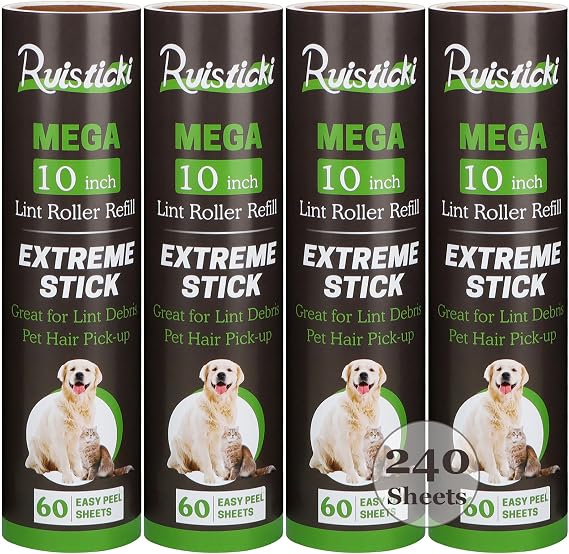 10 inch Lint Roller Refill for Evercare Leo Layers Large Mega 10 in Wide Lint Roller, Pack of 4 Refills, 60 Sheets per Refill, Total 240 Extreme Stick Sheets