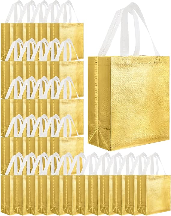 Eccliy 80 Pcs Reusable Gift Bags Set Glossy Grocery Gift Tote Bag with Handle for Wedding, Back to School, Halloween, Summer Party (10 x 8 x 4.7 Inch,Gold)