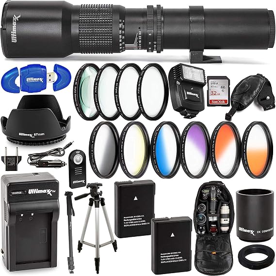Ultimaxx 500mm (1000mm w/ 2X Converter) Telephoto Zoom Lens Plus Accessory Kit; Includes: 2X EN-EL14 Batteries and More for Nikon D5600, D5300, D5500, D5200, D5100 D3200, D3100, D3400, D3500 and More