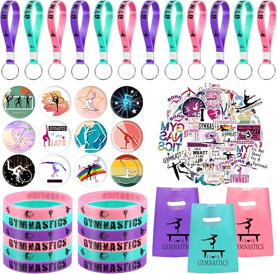 BANBALLON 98 Gymnastics Party Favors, Gymnastics Keychain Goodie Bags with Rubber Bracelets, Button Pins, Bags and Stickers for Gymnastics Theme Birthday Party Supplies Baby Shower Holiday