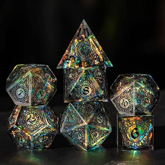Cusdie Sharp Edges Dice DND, 7 PCs D&D Dice, Handcrafted Polyhedral Dice Set, for Role Playing Game (Black Pattern)