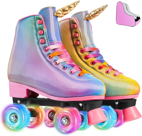 Roller Skates for Women, Men Light-Up Wheels Double-Row Rollerskates High-Top PU Leather Classic Designs Skate Shoes for Girls Beginners with a Shoes Bag Size 5 6 7 8 9 10 Indoor Outdoor