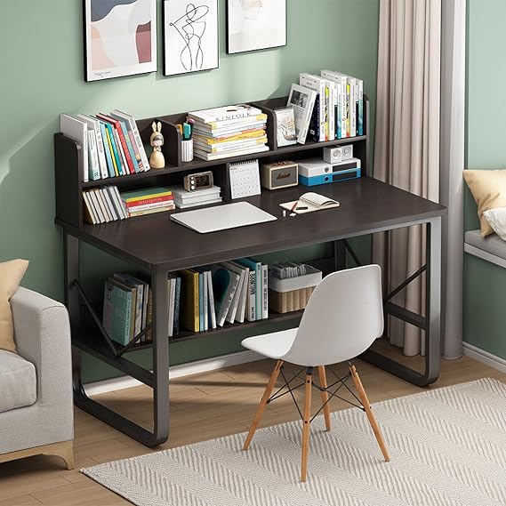 Computer Desk with Storage Shelves, Modern Simple Style Writing Study Workstation PC Desk Workstation for Home Office(31-Inch, Black Walnut)