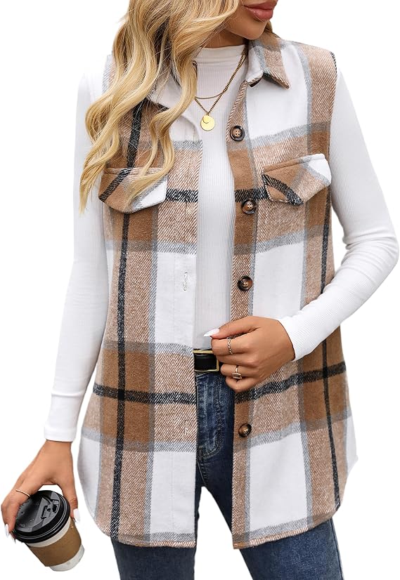 ZILIN Women's Flannel Plaid Vest Button Down Sleeveless Shacket Shirt Jacket
