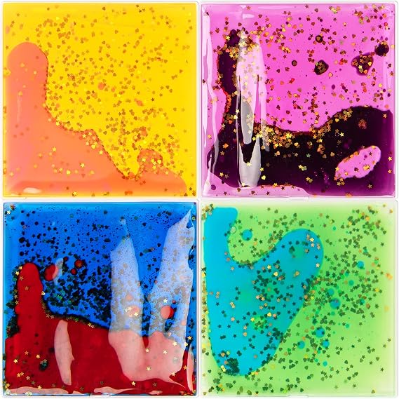 LONGKING 4-Pack 6"x 6" Liquid Tiles for Kids, Soft Gel Liquid Sensory Toys for Autistic Children, Sensory Mats, Sensory Toys for Toddlers 3-4