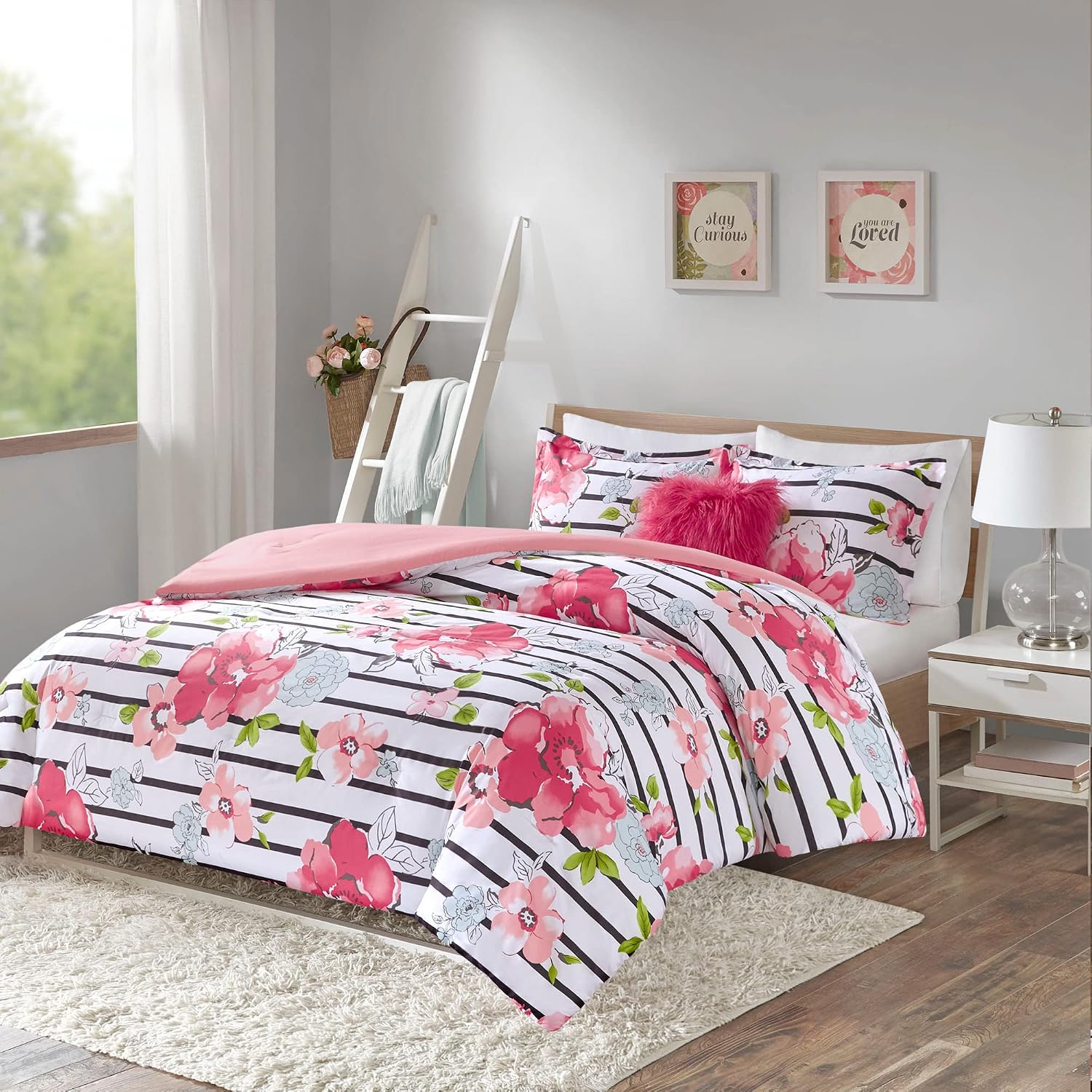Comfort Spaces Zoe Comforter Set Printed Striped Floral Design with Faux Long Fur Decorative Pillow Bedding, Pink, TwinTwinXL, 3 Piece