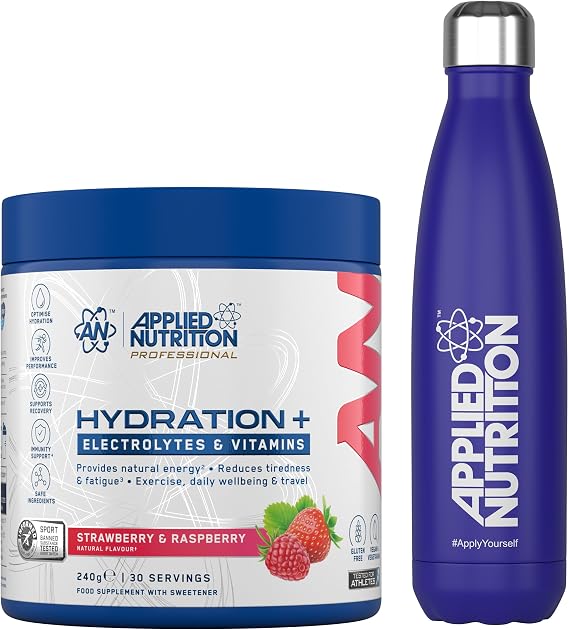 Applied Nutrition Hydration Electrolyte & Vitamin Powder + Blue Steel Flask 500ml- Natural Energy & Reduces Tiredness & Optimise Hydration (240g - 30 Servings)(Strawberry & Raspberry)