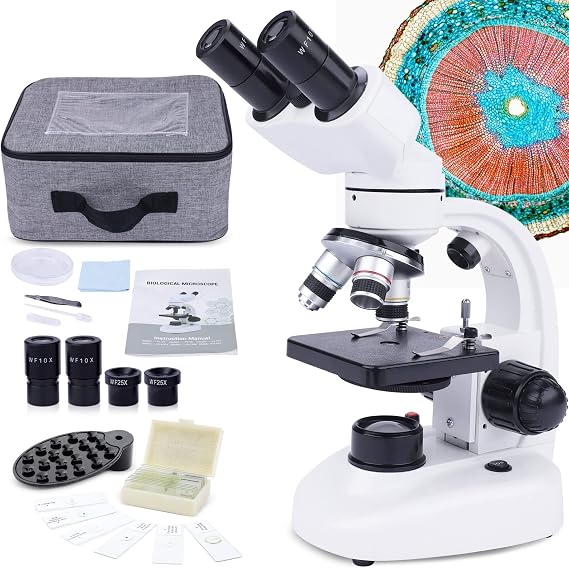 MAXLAPTER Binocular Microscope for Adults and Kids - 40X-1000X Compound Microscope with Sildes Kit & Phone Adapter - Beginner's Set for Students Hobbyist Lab Homeschool Study