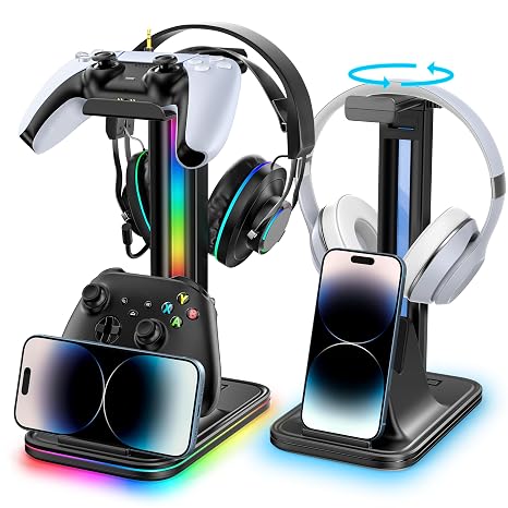 Kytok 4-in-1 Headset and Controller Stand for Desk, 360 Rotating Headphone Stand with Phone Holder, 10 RGB Modes for Accesorios de Mesa Gamer, P5/SW/Xbx Levitating Gaming Headset and Controller Stand