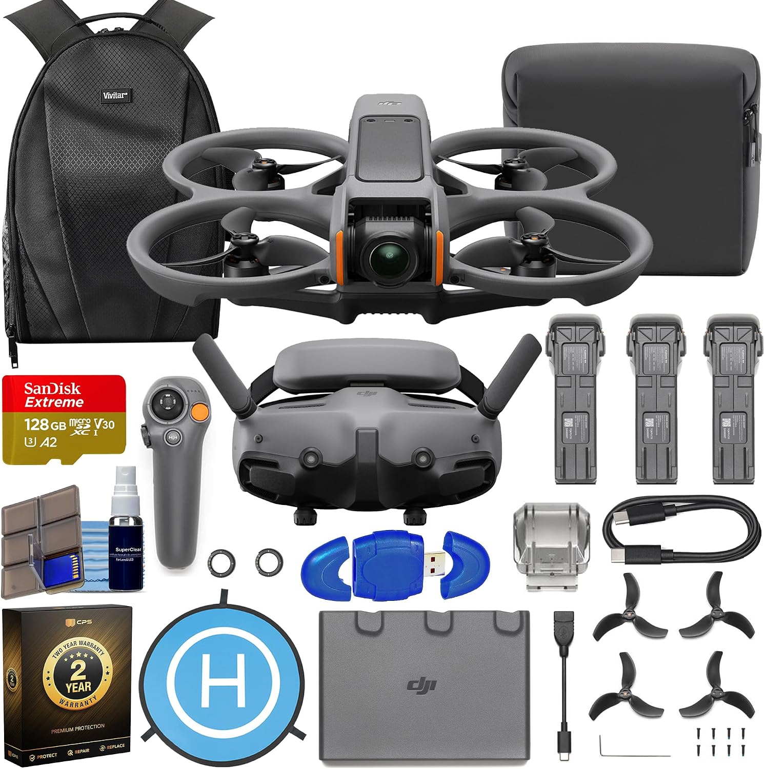 DJI Avata 2 FPV Drone with 3-Battery Fly More Combo CP.FP.00000151.02 4K Video  128GB Memory, Landing Pad, CPS  More