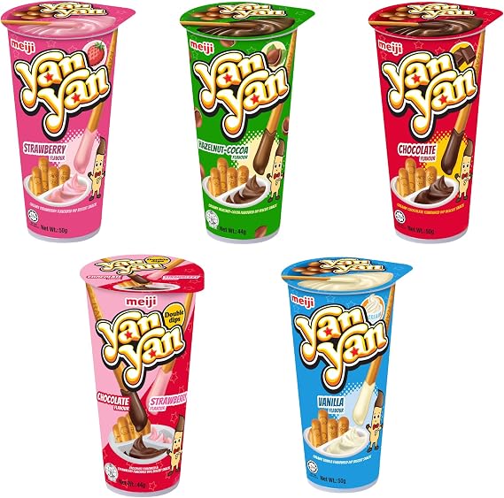 Yan Yan Assorted 50g Pack of 5 (Chocolate, Strawberry, Vanilla, Hazelnut &amp; Double Cream) – Japanese Biscuit Stick Snack Variety Box