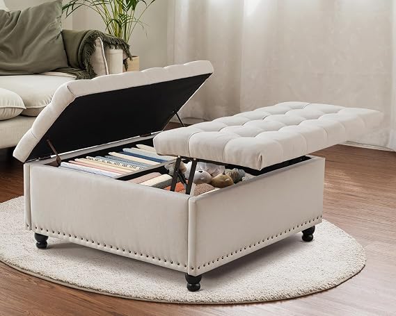 Grepatio 35.5" Large Square Storage Ottoman, Lift Top Ottoman Square Bench with Storage, Tufted Upholstered Ottomans, Ottomans Coffee Tables for Living Room, Bedroom (Beige)