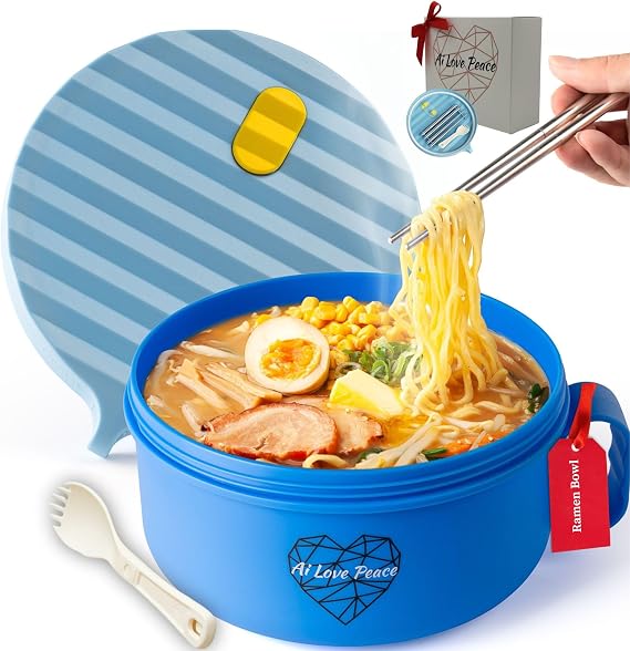 AI LOVE PEACE Microwave Noodle Bowl, BPA-Free 1200ml Soup Mug with Handles, Portable Ramen Container for Students & Offices, Blue