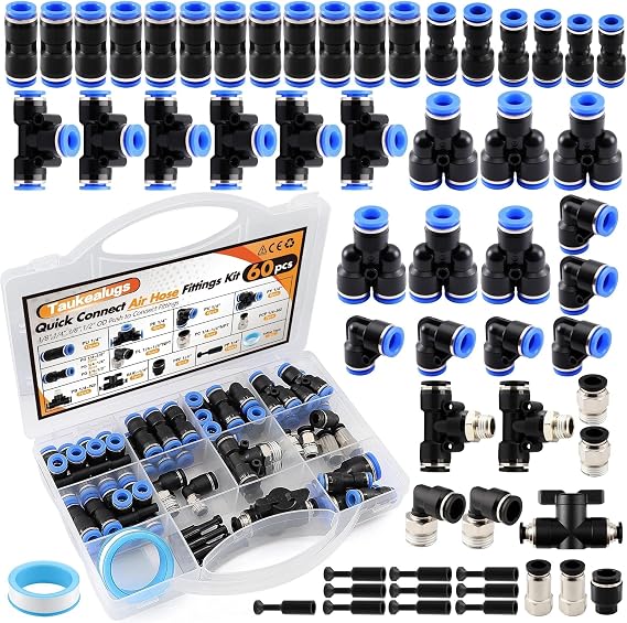 60 Pcs Air Line Quick Connect Fittings Assortment Kit,1/8" 1/4" 3/8" 1/2" Push to Connect Fittings,NPT Thread Quick Connector Air Hose Fittings,Quick Release Pneumatic Kit