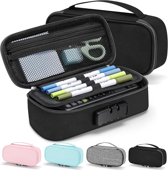 Zannaki Cute Pencil Case with Lock for Boys and Girls, Soft Large Capacity Pencil Case with Handle, Cool School Supplies Pencil Box Pen Stationery Storage Bag Organizer for Kids Teens Adults, Black
