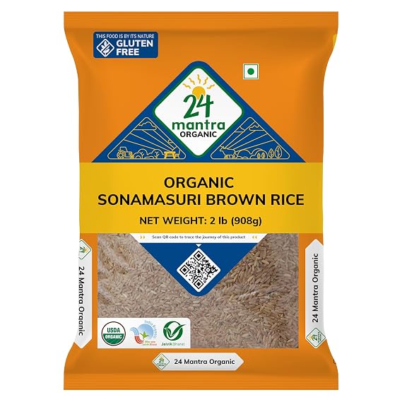 Organic Brown Sona Masuri Rice 2 lbs, USDA Certified Organic Sona Masoori Rice - 24 mantra Organics