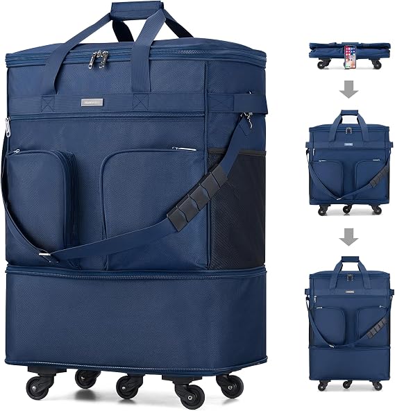 Hanke Expandable Large Suitcase 4 Wheels Lightweight Collapsible,Foldable Suitcases &Travel Bags Hand Luggage Extend 20/24/28 inch Suitcases Duffel Bag Without Telescopic Handle for Men & Women, Blue